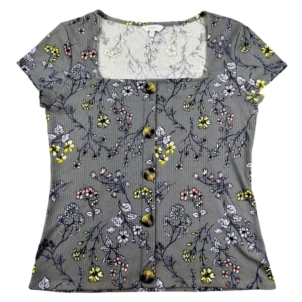 Candies Womans Knit Top Grey Floral Print Square Neckline size M  ..  JH1056